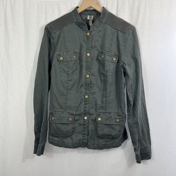 XCVI 100% Ramie Military Mesh Inset Snap Button Jacket Women’s Size L Outdoor